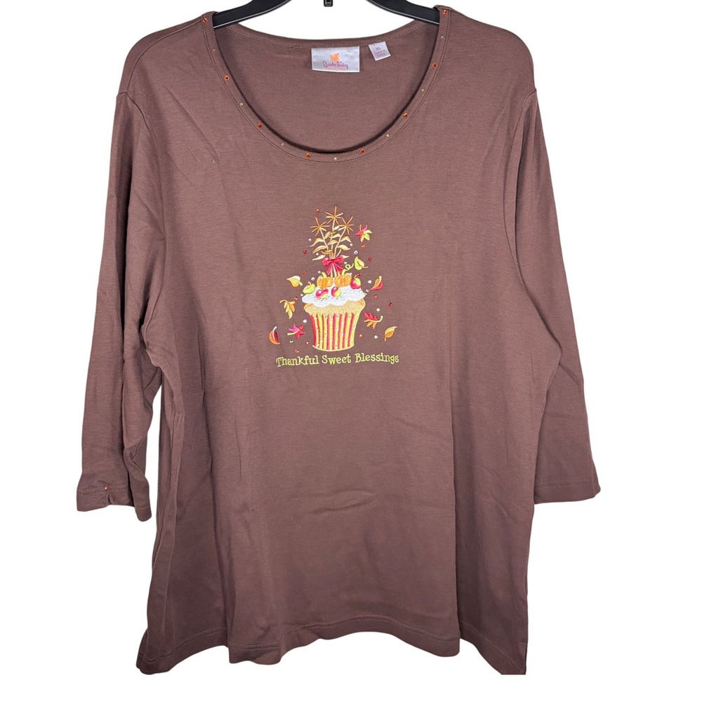 Quacker Factory Fall Thanksgiving Embroidered Cupcake Top Rhinestone Brown XL